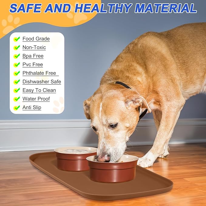 SMILOOL Silicone Pet Feeding Mat with Raised Edge for Food and Water, Dog Bowl Mats, Cat Bowls Placemat with High Lip for Floor Waterproof, Rubber Tray for Cats and Dogs 24 x 16 x0.8 Brown