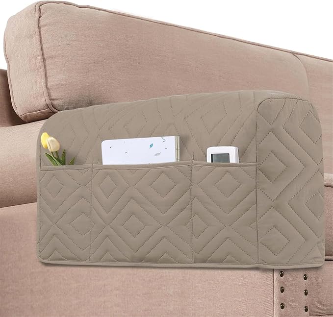 2Pcs Armrest Chair Covers for Sofa Waterproof Couch Arm Covers Armchair Covers for Arms Sofa Arm Covers Sofa Armrest Organizer for Magazine,Tablet,Phone (Khaki)