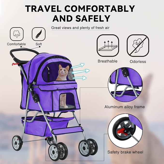 4 Wheels Cat Stroller, Pet Dog Jogger Stroller, Folding Carrier Waterpro with Cup Holder & Removable Liner, Dog Strollers for Small Dogs, for Small and Medium Pet Supplies (Purple)