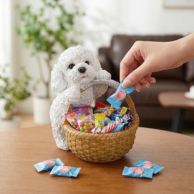 Cute White Poodle Candy Bowl, Resin Dog Figurine Key Bowl for Entryway Table, Desktop Storage Basket Organizer for Desk, Unique Poodle Lover Gift