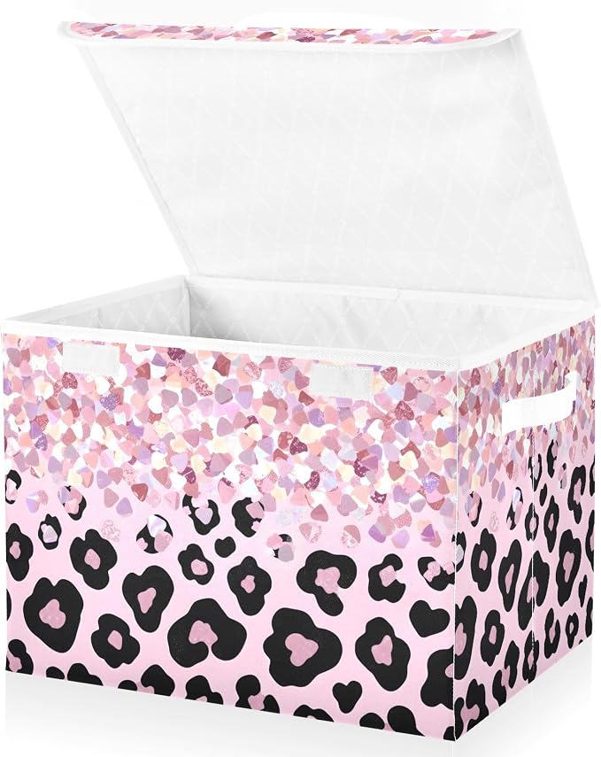Glitter Leopard Storage Bins with Lids Closet Bedroom 40L Storage Basket | Decorative Storage Boxes, Foldable & Stackable, Dust-Proof Flip Top, Reinforced Handles, For Home & Dorm, Clothes & Toy Box