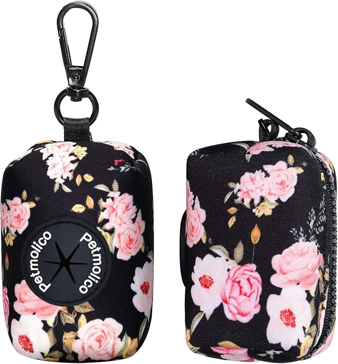Petmolico Dog Poop Bag Holder Dispenser 2 Pack, Pink Rose | Zippered pouch fits any leash, includes free roll of bags, lightweight & portable for daily walks, travel & outdoor use