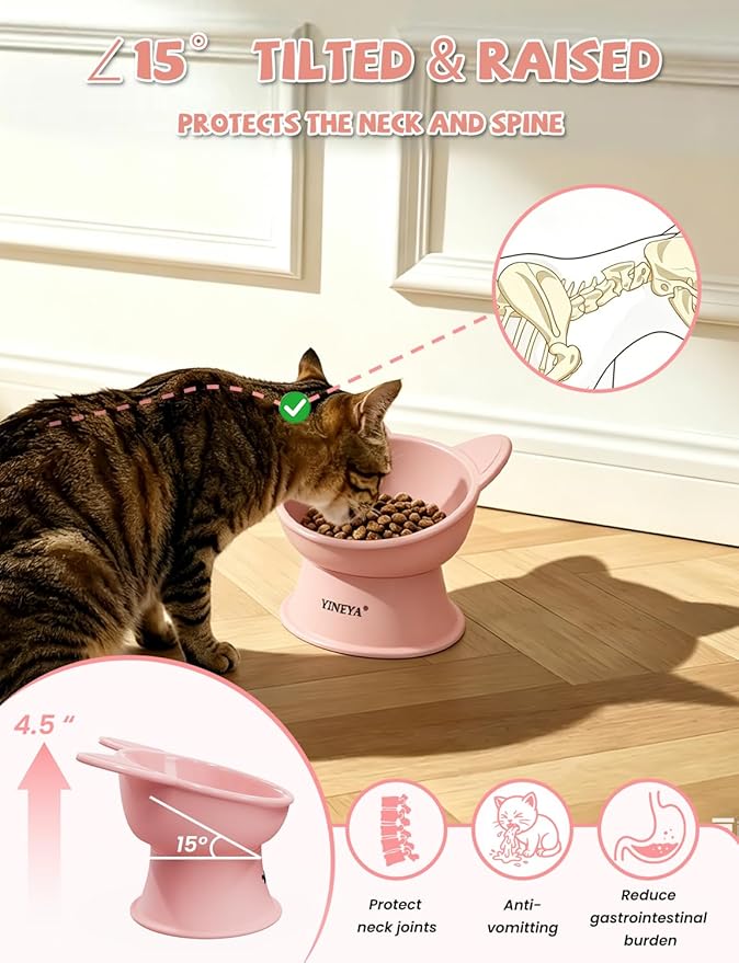 YINEYA Cat Bowls, Cat Food Bowl Elevated to Protect Neck & Anti-Vomit, Whisker-Friendly Raised Food & Water Bowls for Indoor Cats/Small Dogs, Cute Pet Feeding Bowl 6 OZ Each, Dishwasher Safe, Pink
