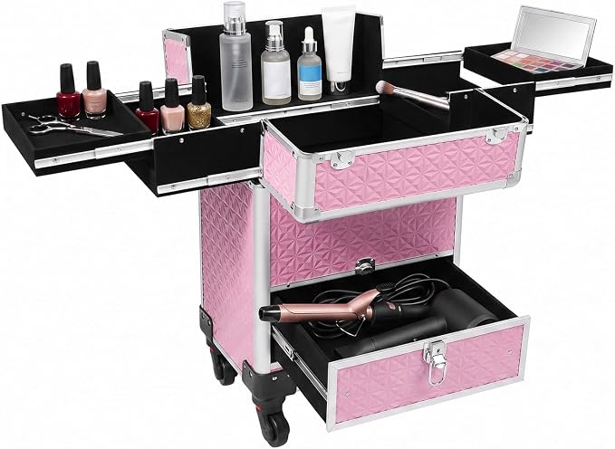 Rolling Makeup Train Case, Aluminum Cosmetic Trolley Organizer with 4 Universal Wheels, Large Capacity Travel Case with Lock for Nail Artist, Hairstylist in Salon, Studio, Travelling (Pink)