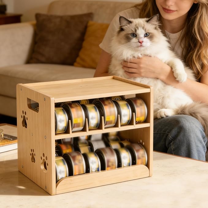 JALZ JALZ Bamboo Cat Food Can Dispenser 2-Tier Gravity Pet Food Storage Rack | Compact 2-tier organizer maximizes vertical space in your pantry, cabinet, or countertop