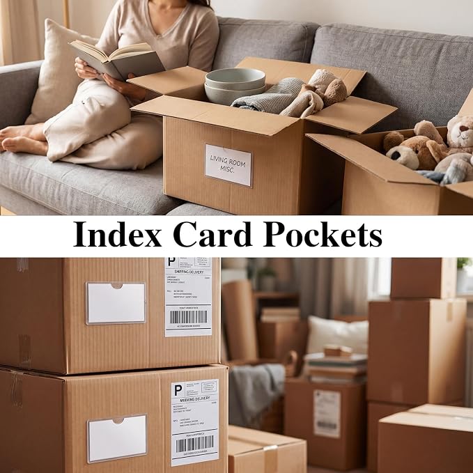 56 Pack Clear Adhesive Index Card Holders 2" x 3.5" Label Pockets | Top-Opening Pvc Pockets, Not Included Index Cards, Clear And Durable, For Bins, Shelves, Library Cards And Storage Labeling