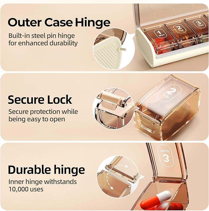 Weekly Pill Organizer,Portable 7 Day Pill Box,Moisture Proof Medicine Pill Organizer,Travel Pill Case with BPA-Free Material,Pocket-Size for Supplements & Vitamins (White)