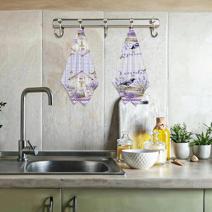 2 Pcs Watercolor Lavender Kitchen Towels, Purple Aesthetic Decorative Absorbent Microfiber Dish Cloth Tea Towel, Checkered Waffle Soft Hand Towels for Farmhouse Home Bathroom Decor, Housewarming Gifts