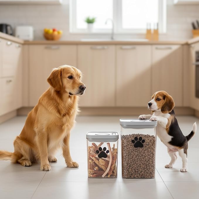 Dog Cat Food Storage Container with Scoop, 2Pack Airtight Plastic Pet Food Storage Containers,Dog Treat Container Jars Set,Treats Canister for Kitchen or Countertop,BPA Free, Clear