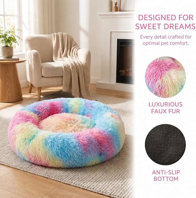 Cat Beds for Indoor Cats, Calming Dog Bed for Small Dogs & Pet, 13.5in | Donut Cama Para Gatos, Machine Washable, Anti-Slip & Water-Resistant Bottom, Deep Sleeping Fluffy Donut to 7Lbs, Small