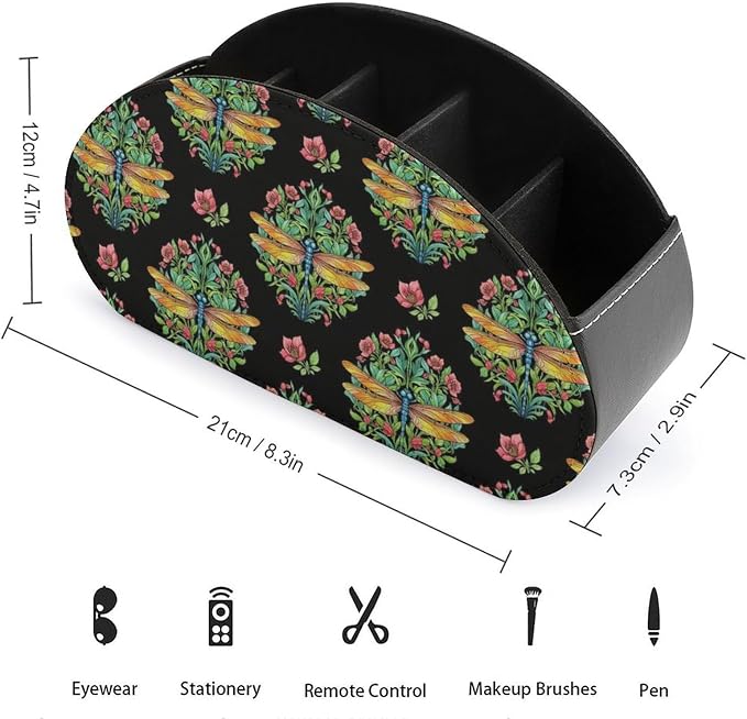 Remote Control Holder Caddy Dragonfly Animal Lover Desk Storage Organizer | Dragonfly Animal Lover, PU Leather, 5 Compartments, Fits TV Remotes, Media Player, Office Supplies