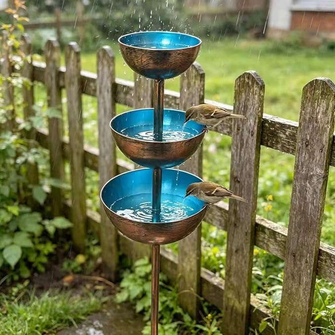 Rain Catcher Bird Bath 3-Tier, Rain Catcher Garden Stake, Antique Bronze Metal Water Bowls Bird Bath and Bee Watering Station with Soil Post for Lawn Edge,Flower Bed, and Open Yard Display