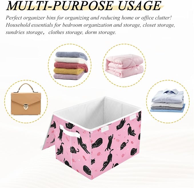 Cute Black Cat Storage Bin Foldable Collapsible Fabric with Lid Handles 40L | Decorative Storage Boxes, 300D Oxford Cloth, Hollow Board Frame, Flip Top Velcro Lid, 16.5x12.6x11.8 inch, Collapsible Design