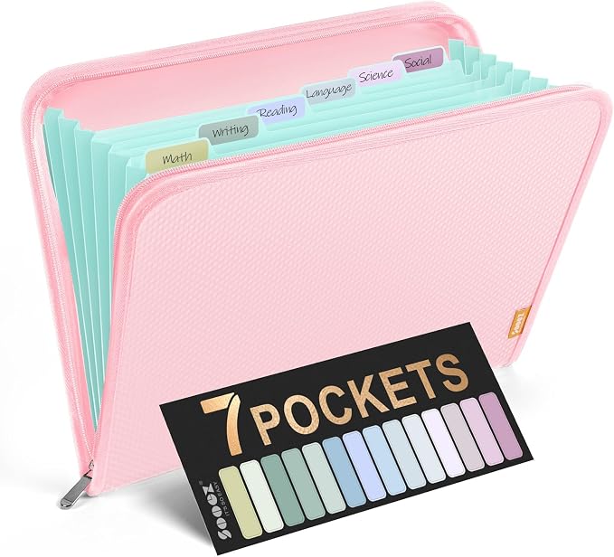 Sooez 7 Pockets Accordion File Organizer, Zipper Expanding File Folder A4 | Reinforced Plastic Accordion Folder Organizer, A4 Letter Size, Portable Folders for Documents, School Office Supplies, Pink