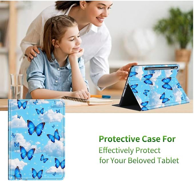 Case for Samsung Galaxy Tab S10+ Plus 2024/ S9 FE Plus/ S9 Plus 12.4" 2023 | Slim Leather Smart Cover with Multi-Angle Anti-Slip Stand [Auto Wake/Sleep] Shell for Women Men, Blue Butterfly White Cloud