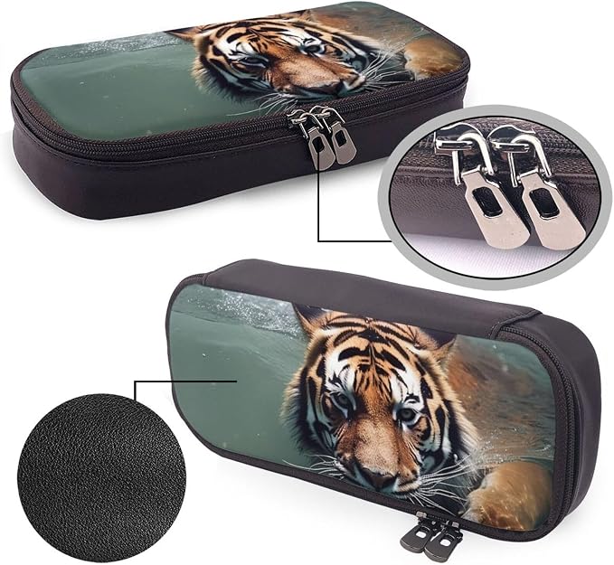 Leather Pencil Case Organizer Big Capacity Pencil Pouch Storage Bag With Compartments Cute Pencil Bag Tiger Swimming Pen Box Portable Cosmetic Makeup Bag Organizer