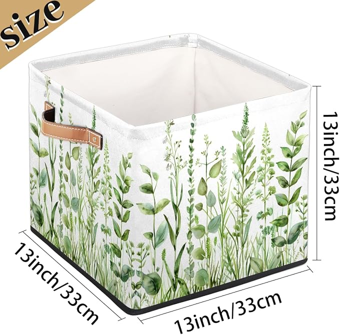 Sage Green Leaves Cube Storage Bin, 13 Inch Collapsible Fabric Storage Bin, Spring Eucalyptus Foldable Cube Baskets for Shelf, Closet, Organizer