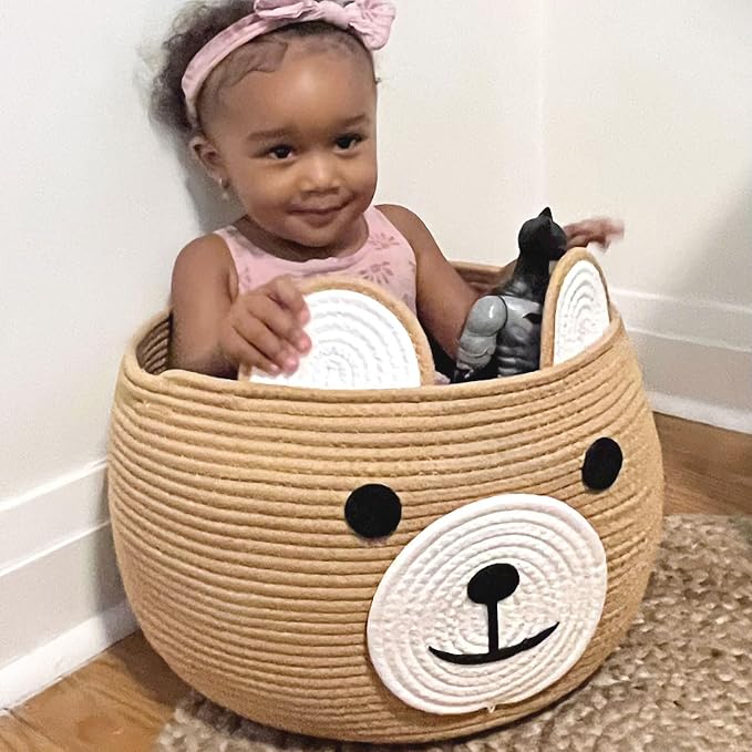 CherryNow Large Baby Basket for Gifts Empty, Cute Bear Design, Brown | 15.7" x 10.5" Baby Shower Basket for Kids Boys Newborn Storage, Woven Rope Toy Basket, Fits Living Room Nursery Décor