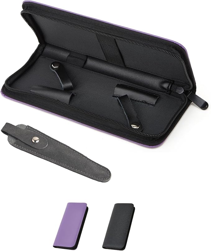 Haircutting Scissor Case with Zipper and A Leather Cover(Purple+Gray) | Professional Salon Hair Scissors Storage , PU Leather Portable Safety Holster Organizer for Hairdressers Tools