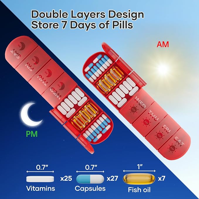 2 Layers Weekly Pill Organizer 2 Times a Day, Travel Medicine Pill Organizer, Pill Box Case 7 Day AM PM, Pill Container for Vitamins, Fish Oil, Supplements and Medication, Red