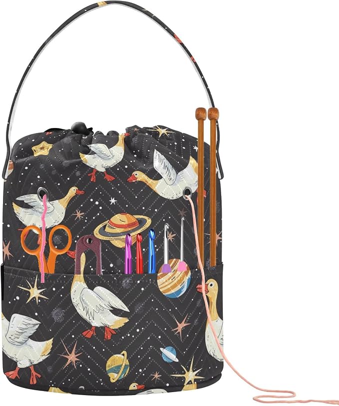 Fustylead Cute Geese in Space with Planets Stars Moon Knitting Yarn Storage Tote Basket, Durable Polyester Large Crochet Drawstring Bag for Crocheting Project, Sewing Supplies, Needles