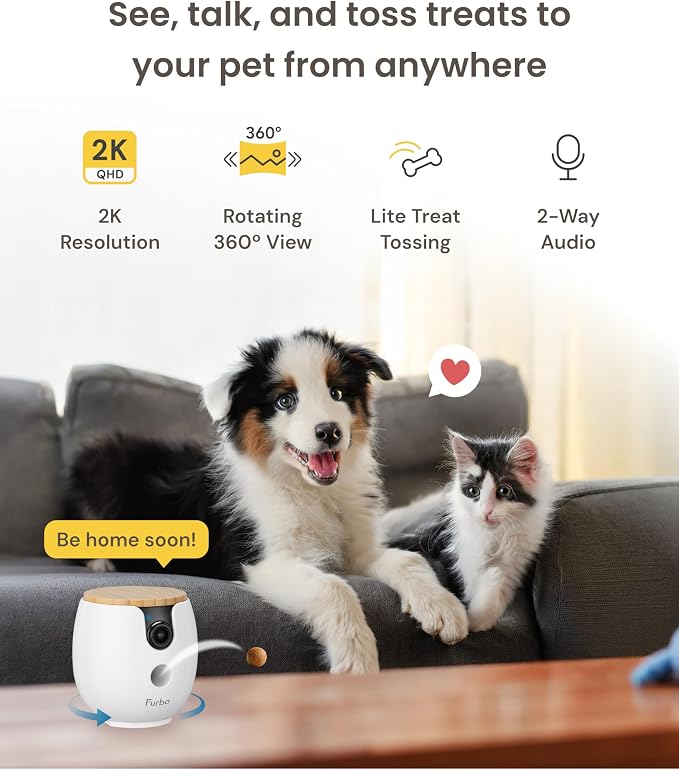 Furbo Mini 360° Pet Camera [No Monthly Fee] | Clear 2K QHD Video, 360° Rotating View, Barking/Meowing Alerts, 2-Way Audio, Color Night Vision, Pet Monitoring, No AI Alerts