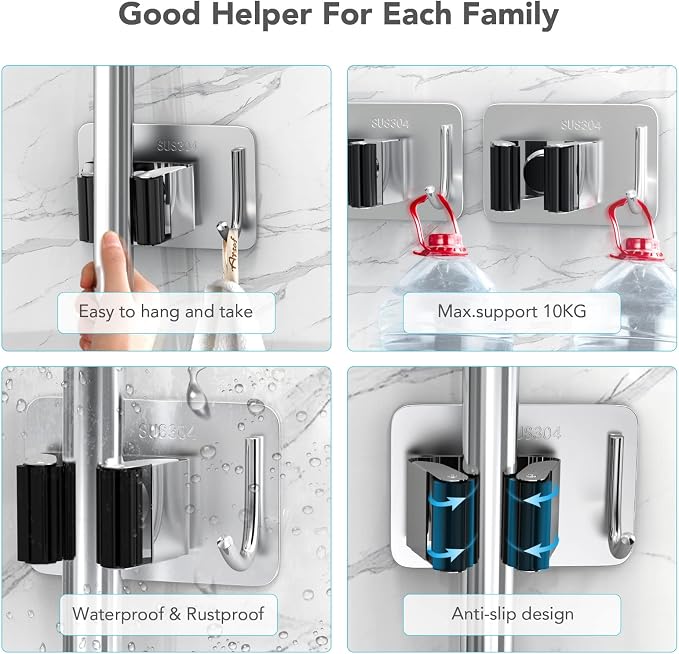homeasy Mop Broom Holder No Drill, Mop Broom Organizer Wall Mounted Heavy Duty with Hooks Hanger, Self Adhesive Stainless Steel 4Pcs for Bathroom, Kitchen, Office (Multicolor)