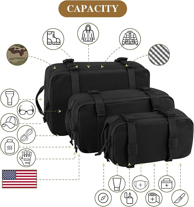 3 PCS Tactical Modular Packing Cubes, Large Capacity Mesh Storage Bag,Outdoor Travel Organize Storage Pouches Bags.