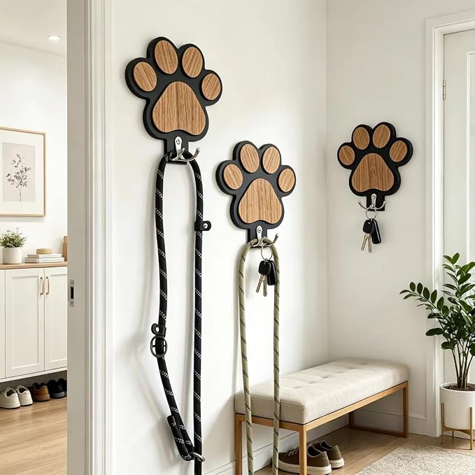 Dog Leash Holder for Wall Mount Hook- Dog Paw Harness Hanger Organizer for Keychain Dog Accessories & Small Items (Black)