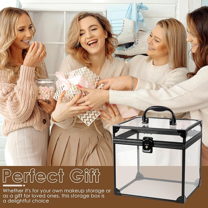 Makeup Organizer, Clear Makeup Train Case Cosmetic Box, Clear Crown Box Portable Cosmetics Toiletry Organizer Box Jewelry Storage Makeup Storage Box w Padlock and Keys for Vanity Bathroom