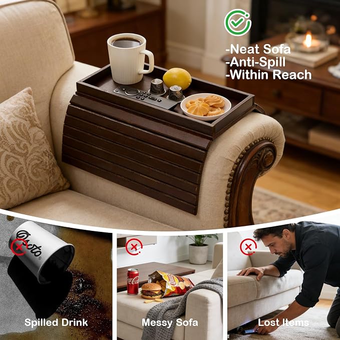 Bamboo Sofa Arm Tray Table, Foldable Couch Arm Tray Side Table, Anti-Falling Armrest Tables Cup Holder for Snacks, Couch Armrest Organizer, Serving Tray for Snacks and Drinks (Brown)