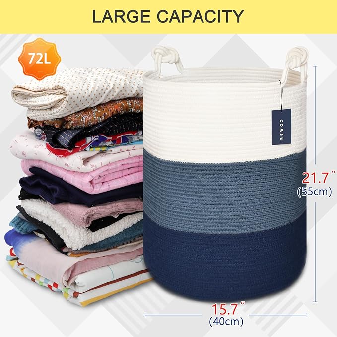 COMSE Tall Woven Blanket & Laundry Basket, 72L, White & Blue | 15.7”x 21.7”, Cotton Rope, Large Nursery Hamper for Storage of Toys Clothes Towels, Great for Living Rooms Bedrooms Bathrooms