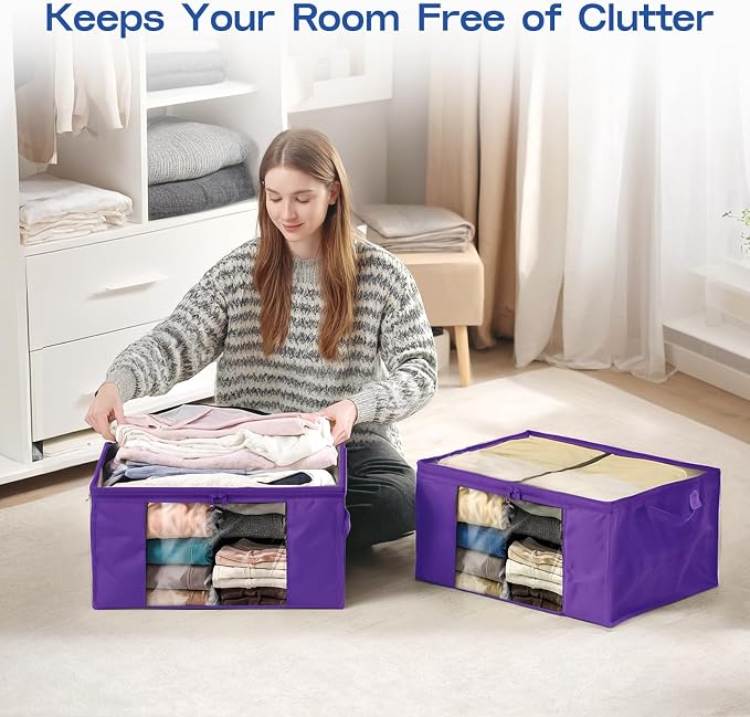 Clothes Storage Bags, Foldable Thick Fabric Blanket Storage Bags, Large Clear Window & Carry Handles, Great for Clothes, Blankets, Closets, Pillows (Purple, 6PACK)