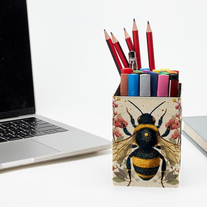 Flower and Bee Pen Holder for Desk Decor, Rectangular PVC Leather Pencil Cup for Desk Pen Organizer, Makeup Brush Holder for School, Home, Office