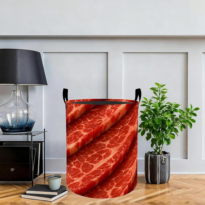 Fresh Beef Basket Hamper, Organizer Bins Gifts for Women Kids, Realistic Meat Food Foldable Waterproof Clothes Hamper Handles Storage Bucket for Bedroom Bathroom Room Decor 19.7"x15.7"