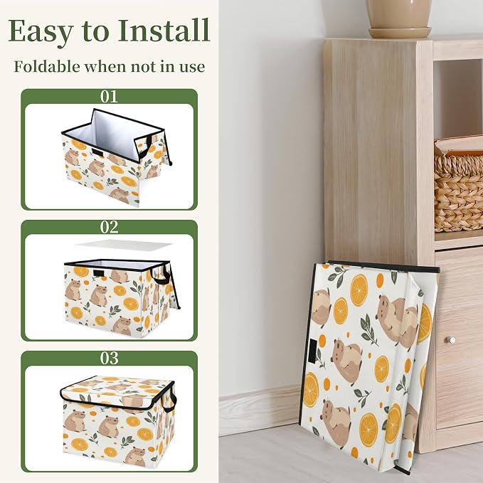 Guinea Pig Storage Bins with Lids, Lemon Leave Foldable Storage Boxes with Carrying Handle Organizer Containers Baskets Cube for Home Bedroom Closet
