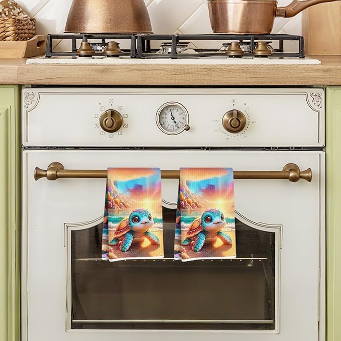 Hanamiya Na 2 Pcs Cute Cartoon Turtle Kitchen Towels 24x14 Inch, Watercolor Waffle Hand Towels for Kitchen Home Bathroom Farmhouse Decor, Turtle Gifts Microfiber Dish Cloth Tea Towel