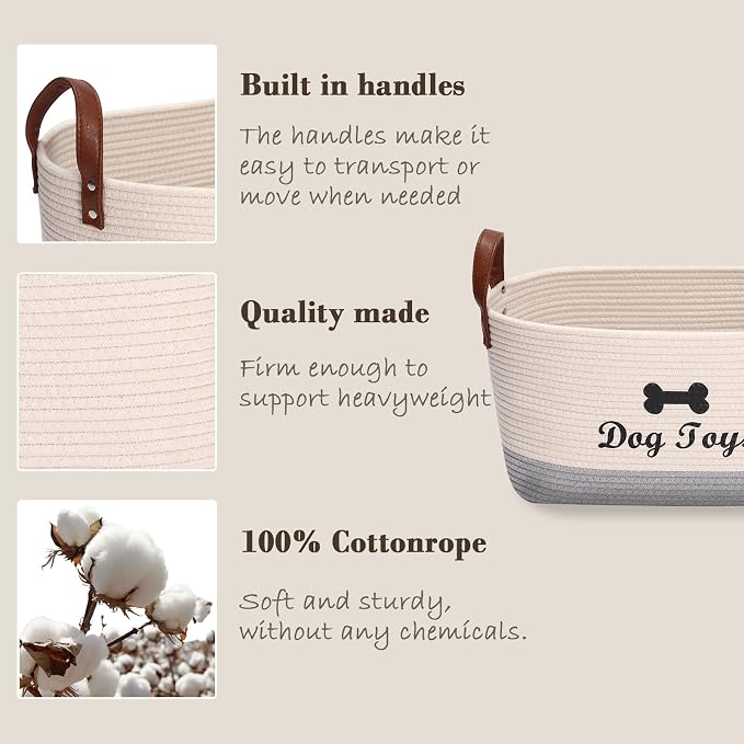 Large Cotton Dog Toy Basket, 16.5"x10.6"x7.5" - Perfect for Organizing Pet Toys, Blankets, Leashes, Coat & More - Beige Gray
