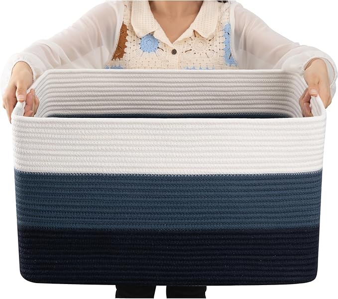 OIAHOMY Blanket Basket Laundry Basket Dog Toy Basket 75L Gradient Blue | Large Storage Basket,Baby Basket,Toy Storage,Woven Rope Basket for Blankets,Blanket Storage for Living Room