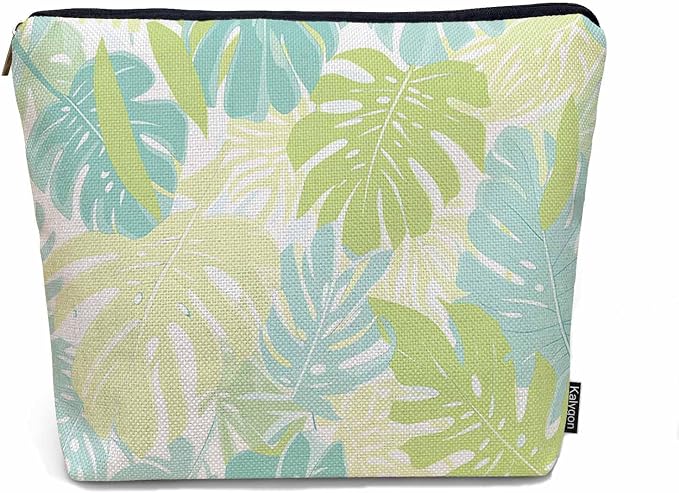 Palm Leaves Makeup Organizer Bag Cosmetic Bag For Men Women, Tropical Beach Palm Leaf Floral Travel Toiletry Bag Flax Makeup Bags Purse Business Makeup Pouch For Toiletries Cosmetics Green