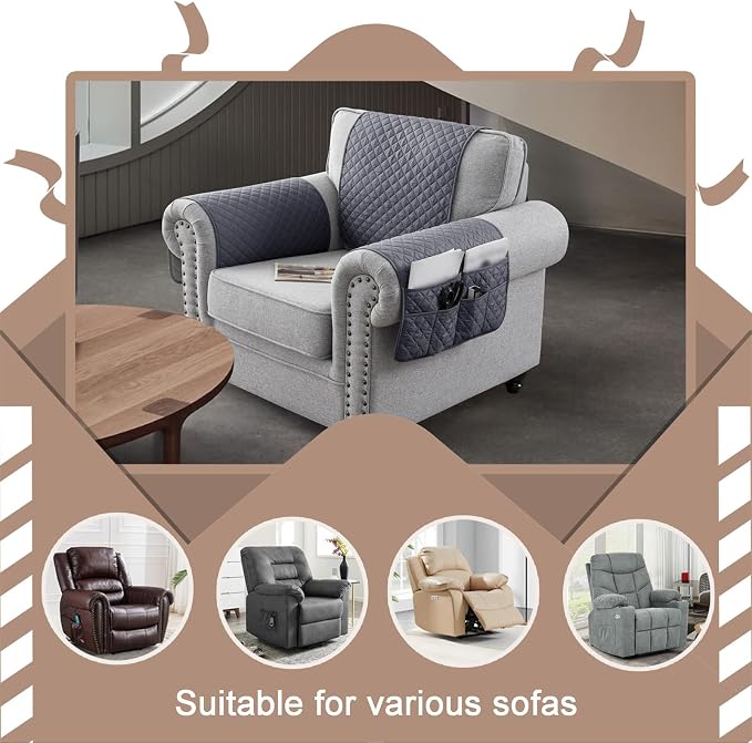 Water-Resistant Sofa Armrest and Headrest Covers with Side Pocket | Keep remotes close quilted polyester helps guard against wear, pet scratches, and kids' messes silicone backing adds grip