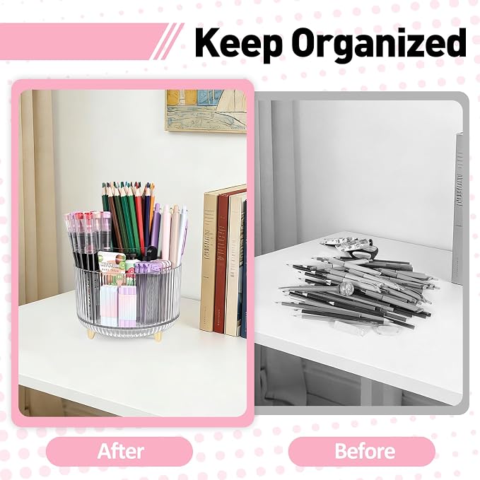 360 Rotating Pen Pencil Holder for Desk, Pen Organizer with 5 Slots | Makeup Brush Holder, Desk Organizer and Accessories, Cute Pencil Cup Caddy for Office School Home Decor Art Supply (Clear)