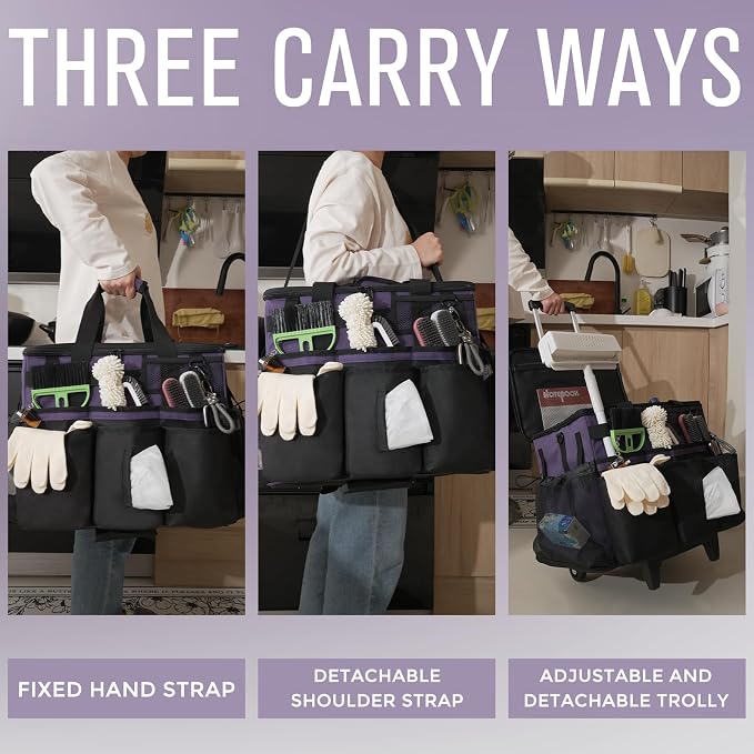 SCAVATA Rolling Cleaning Caddy Bag with Detachable Trolley, Large Cleaning Supplies Organizer with Wheels, Multi Pocket Cleaning Cart with Adjustable Shoulder Strap for Housekeeper & Home, GrapePurple