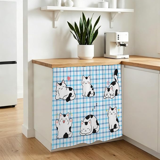 Cute Cat Cabinet Dishwasher Hidden Curtains, Privacy Closet Door Curtain, Modern Playful Pet Cats Blue Purple Plaid Adhesive Dust Proof Under Sink Skirt for Bathroom Kitchen 35"x35"