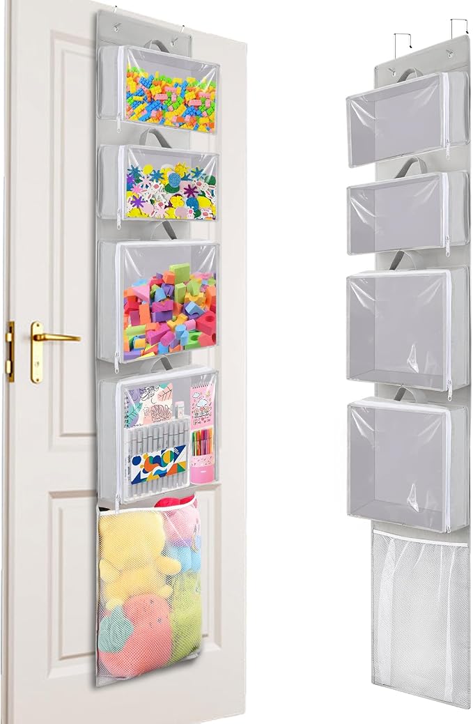 Over Door Toy Organizer, Hanging Stuffed Animal Storage with Removable Bags | Gray Toy Storage Case Behind Door for Block, Puzzle, Bi-Fold Closet Holder Idea with Mesh Pocket, Kid Boy Girl Nursery Room