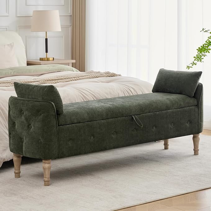67"End of Bed Storage Bench King Size,Upholstered Bedroom Bench,Green | Linen Storage Bench for Bedroom End of Bed ,2 Cushion, Vintage Wood Legs ,Tufted,Storage Ottoman Bench for Entryway Window