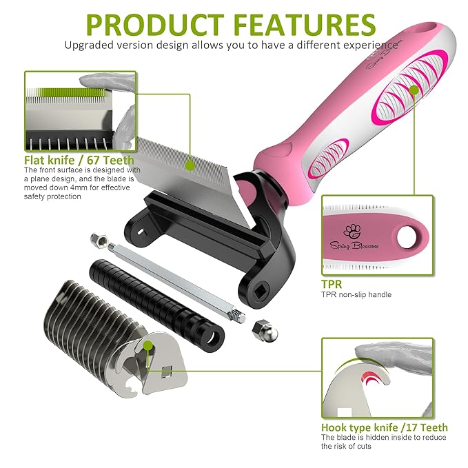 Spring Blossoms-2 in 1 Professional Grooming Rake for Cats & Dogs-Dematting Comb for Easy Mats & Tangles Removing,Pet Brush Safe No More Nasty Shedding and Flying Hair (Purple)