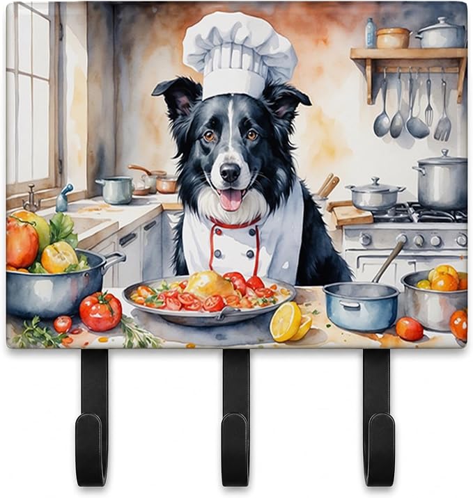 Caroline's Treasures Border Collie The Chef Leash or Key Holder Wall Hooks, Key Hooks Holder, Coat Rack Wall Mount, Coat Hooks, Hooks for Hanging Keys, Towels, Aprons, Leashes | Border Collie The Chef artwork on ceramic tile with three steel hooks for ...