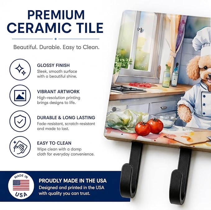 Caroline's Treasures Poodle The Chef Leash or Key Holder Wall Hooks, Key Hooks Holder, Coat Rack Wall Mount, Coat Hooks, Hooks for Hanging Keys, Towels, Aprons, Leashes | Poodle The Chef artwork on ceramic tile with three steel hooks for keys, leashes,...