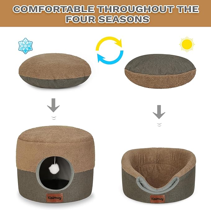 2-in-1 Cat Bed Cave, Cozy Covered Cat Beds for Indoor Cats,Pet Bed | 15.7"D x 13"H, Cave To Bed In Seconds, Cat Hideaway for Kittens & Small Dogs, Soft Plush Comfort, Machine Washable Puppy Bed